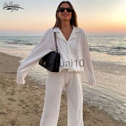 Women's Pants Capris Office Lady Sexy Suit Two Pieces Outfits Long Sleeve Suit Collar Jacket Coat Casual Wide Leg Trousers Set Suits 2022 Women 22072 J230705