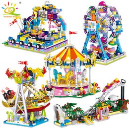 Diecast Model HUIQIBAO Amusement Park 3D Micro Building Blocks City Street View Architecture MOC Carousel Mini Bricks Children Toys Game 230705