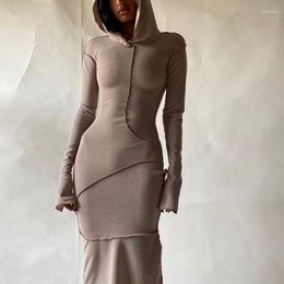 Casual Dresses Spring Autumn 2023 Hoodie Slit Long Sleeve Straight Midi Dress Women Khaki Robe Sexy Streetwear