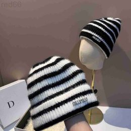 Ball Caps designer Fashionable Little Fragrant Wind Black and White Stripe Knitted Rabbit Hair Hat Korean Version Outdoor Versatile Light Luxury Woollen Female 6H93