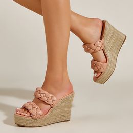 Slippers 2023 High Heels Wedges Espadrille Shoes for Women Mules Summer Leisure Comfy Walk Straw Platform Sandal Slides Weave 230704