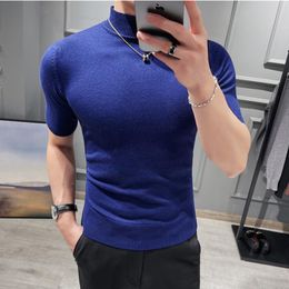 Men's Sweaters British Style Men's Sweater Pure Colour Short Sleeves Semi High Necked Pullover for Male Knit Sweater Tops Plus size S-3XL 230704