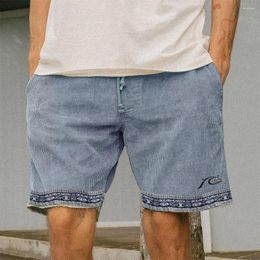Men's Shorts Men Summer Elastic Waist Drawstring Knee Length Short Pants Vintage Print Pockets Exercise Fitness Male
