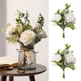 Decorative Flowers Artificial Flower False Roses Bouquet White Rose Fake Wedding Bride Carried Party Living Room Home Table Decor
