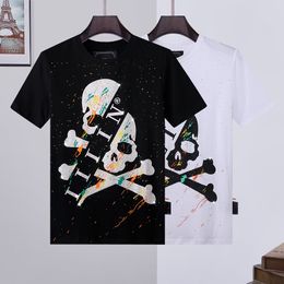 Men's summer T-shirt creative split color skull spray paint hot diamond printing hip-hop style round neck comfortable breathable all-match men's pure cotton top