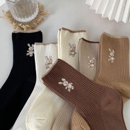 Women Socks 2Pairs Cotton Middle Tube Funny Embroidery Pile Sock Spring Autumn Stockings Sweet Girl Sokken Solid Colour Sox