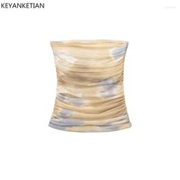 Women's Tanks KEYANKETIAN Summer Pleated Design Tie-Dye Printed Tight-Fitting Mesh Bra Vest Retro Style Women Short Chest Wrap