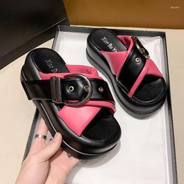 Dress Shoes 7CM Woman Female Slippers Luxury Slides Platform Med Soft Flat Designer Summer PU Rubber Casual Fashion Cross-tied