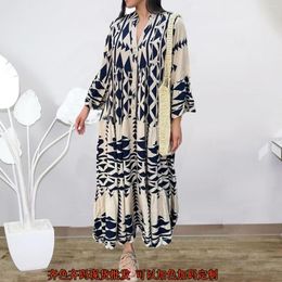 Casual Dresses Women Vintage Print Long 2023 Summer V-Neck Sleeve Pleated Maxi Female Boho Beach Shirt Dress Vestidos