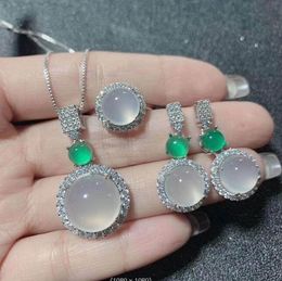 Luxury inlaid crystal Natural ice type chalcedony pendant necklace ring earrings set 3 piece Jewellery set