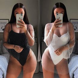 Desgaste de palco Fantoye New Crystal Diamond Sexy Bodycon Dress Women Hollow Out Mini Summer Fishnet Mesh Beach Party Vestidos296f