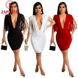 Casual Dresses Night Club Style Solid Color Pencil Dress For Women Patchwork Design Tassel Decor Deep V Half Sleeve High Waist Slim Hips