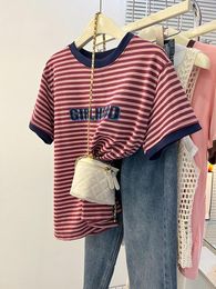 Women's T Shirts Loose Korean Version Letter Print Stripe Contrast Casual Slim Temperament Short Sleeve T-shirt Top