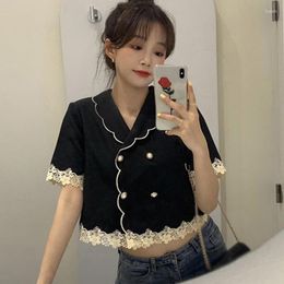 Women's Blouses French Style Women V Neck Black Ladies Elegant Summer Short Sleeve Retro Shirt Tops