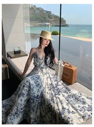 Women's bohemia holiday blue floral print spaghetti strap v-neck backless maxi long big expansion dress SML