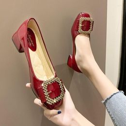 Dress Shoes Women's Single 2023 All Kinds Of Square Head Thick Heel Fairy Wind Metal Buckle Red Middle Sole Breathable