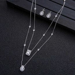 Pendant Necklaces Fashion wedding set 2 necklace earrings suitable for female accessories full Cubic zirconia bridal Jewellery set pendant mujer moda Z230706