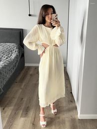 Casual Dresses Women Beige Hollow Out Pleated Dress O-neck Long Sleeve Streetwear Fashion Maxi 2023 Summer Elegant Vestidos