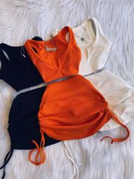 Two Piece Dress 2023 Streetwear Knit 2 Sets Skirts Crop Tops Mini Skirt Matching Orange Drawstring Black Suits 230705