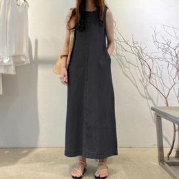 Casual Dresses Women Summer Maxi Dress Sleeveless O Neck Loose Vest Type Ankle Length Pockets Soft H-shaped Lady Dating