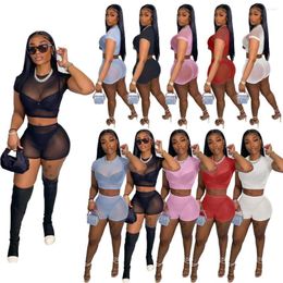 Women's Tracksuits Mesh Sheer Two Piece Shorts Set Sexy Club Summer Outfits For Women 2023 Fashion Short Sleeve Crop Top Biker Matching Sets