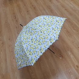 Umbrellas Long Floral Flower Umbrella for Lady Girl Embroidery Sunshade Curved Handle Straight Holiday Beach Umbrella for Women