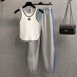 Women's Two Piece Pants Simple Beaded Knit Casual Solid Slim Stretch Sets Women Sports Crop Top High Waist Lacing Slack Streetwear Tracksuit