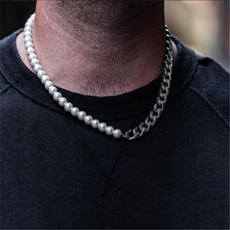 Splicing stainless steel Cuban Chain Pearl Necklace for Men'strendy and Cool Hip Hop Jewellery