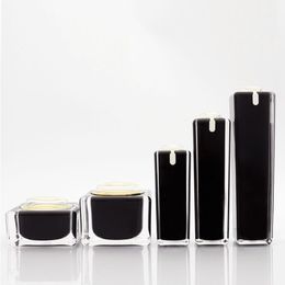 30/50/100ml Square Black Acrylic Lotion Pump Cosmetic Bottles Luxury Skin Care 15/30/50g Cream Jar Makeup Avoid Light Container Pot F02 Tcbk