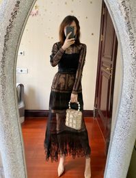 New S-elf Portrait Lace Panel High Waist Black Long Sleeve Long Dress with Free Belt