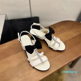 Designer -Ladies Sandals Thick Heel Round Headband Bow Strap Diamond Chain Thin Strap Combination Formal Casual Lightweight Comfortable Size 35-42