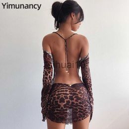 Casual Dresses Yimunancy Leopard Print Backless Dress Women Long Sleeve Mesh Dress 2021 Spring Halter Transparent Sexy Club Dress Vestidos J230705
