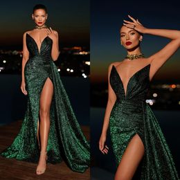 Sexy Dark Green Prom Dresses V Neck Glitter Evening Gowns Pleats Slit Sheath Formal Long Special Occasion Party dress