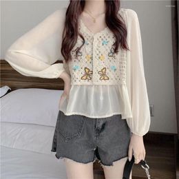 Women's Blouses Korean Fashion Knitted And See-through Long Sleeve Patchwork Tops T Shirt Streetwear Vintage Top Women Puff Clothes A530