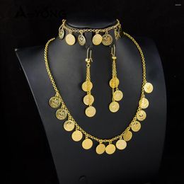 Necklace Earrings Set Turkish Coin 21k Gold Plated Dubai Bridal Wedding Bracelet Middle East Saudi Vintage Jewelrys