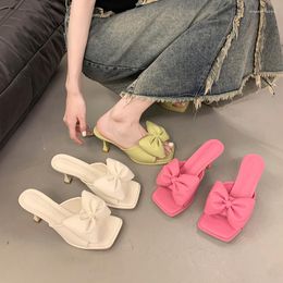 Sandals 2023 Summer Brand Women Shoes Fashion Bow-knot Square Toe Thin Heels Ladies Elegant Dress High Womens Slippers