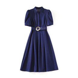 2023 Summer BlueSolid Colour Waist Belted Dress Short Sleeve Lapel Neck Knee-Length Casual Dresses W3L043802