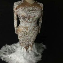 DJ Songbird Sparkly Rhinestones Feather Nude Dress Sexy Nightclub Full Stones Long Big Tail Dress Costume Prom Birthday Celebrate 3167