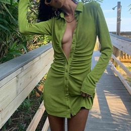 Casual Dresses Vintage Green Slim Fold For Women Sexy Elegant Fashion Single Breasted Long Sleeve Button Short Dress 2023 Spring Autumn