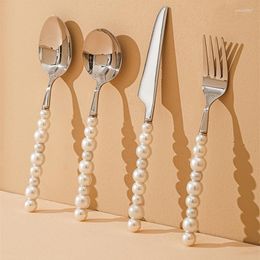 Dinnerware Sets 1PC Pearl Cutlery Set Western 18/10 Stainless Steel Diamond Inlaid Knife Fork Tableware Wedding Spoon Gift