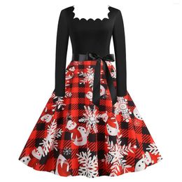 Casual Dresses Vintage Christmas Women Long Sleeve Santa Claus Tree Snowflake Print Winter Holiday Party Rockabilly Dress Robe