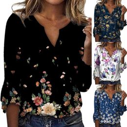 Women's T Shirts Faux Cotton Drawframe V Neck Floral Print Casual 7 Petal Sleeve Top Shirt Color Girl