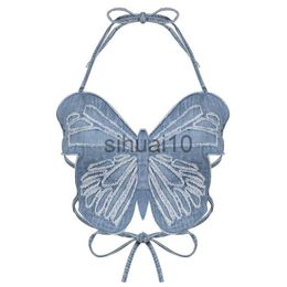 DIY Tanks Camis Y2K Butterfly Jeans Crop Top Backless Strap Sexy Blue Cute Party Sweats Women Beach Holiday Mini Vest Summer Tee Korean Fashion J230706