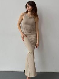 Casual Dresses Elegant Solid Slim Midi Dress Women 2023 Summer O Neck Sleeveless High Wasit Long Female Vintage Robes Clothes