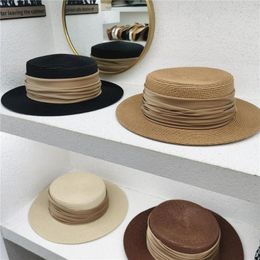 Wide Brim Hats Fedoras Summer Women's Boater Beach Hat Side Female Casual Panama Lady Classic Flat Bowknot Straw Sun Women