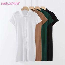 Party Dresses LUNDUNSHIJIA Summer Dress Single-Breasted Slim Elasticity Clothing Women Short Sleeve Polo Collar Sexy Tight Buttocks