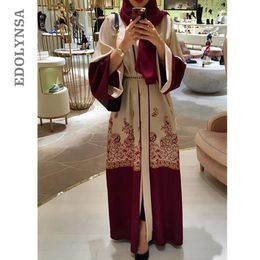 Fancy Abaya Robe 2019 Front Open Embroidery Belted Red Muslim Dress Dubai Abaya Turkey Morocan Kaftan Islamic Clothing Eid D613278p