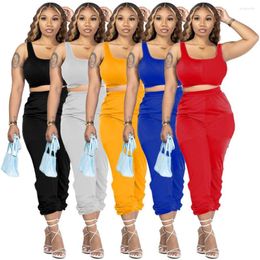 Women's Pants Two Piece Sets Women Outifits Summer Fashion Square Neck Sleeveless Crop Tank Top & Solid Pocket Casual Sport Set