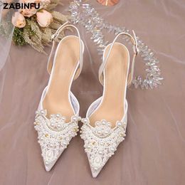 Dress Shoes Summer White Sandals 2023 Luxury Handmade Pearl Lace Wedding Women's Shoes Bridal Shoes Elegant Women's Pointed Toe High Heels Z230707