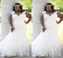 2023 Mermaid Wedding Dresses Bridal Gown Plus Size Lace Applique Straps Sweep Train Custom Made Country Beach Tulle Plus Size vestido de novia